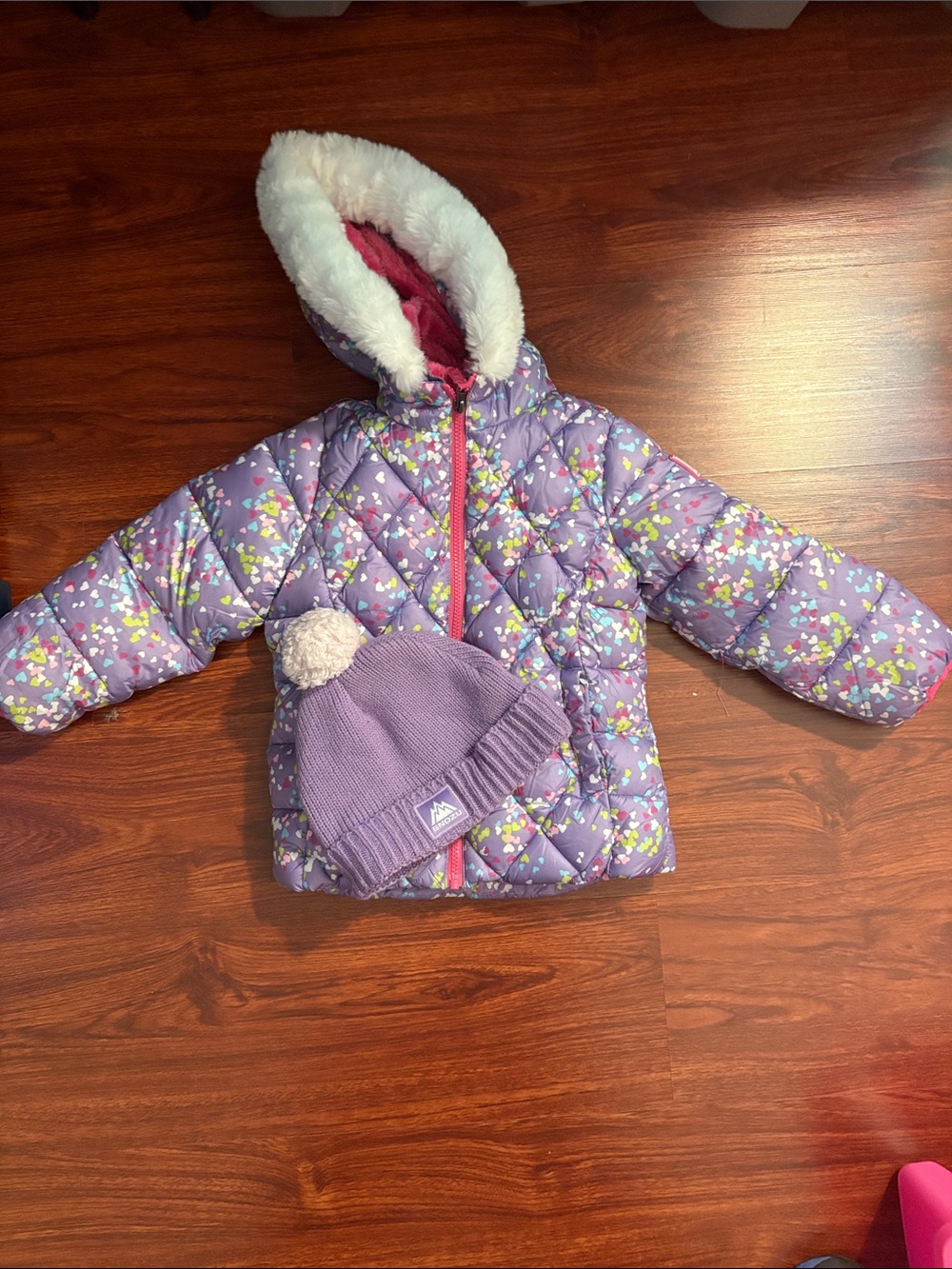 Snozu Girls 5T Puffer Jacket Purple Heart Print Faux Fur Hood Winter Coat